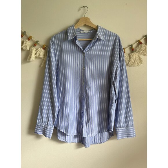 Zara Low Collar Striped Poplin Shirt Button Down Preppy Nautical Oversized S - Picture 1 of 12